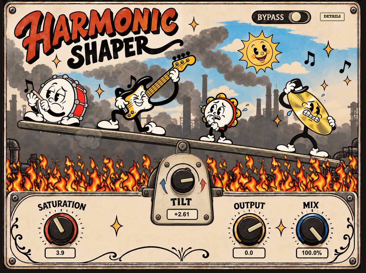 A closer look at the Saturation, Tilt, Output and Mix controls in the cartoon interface.