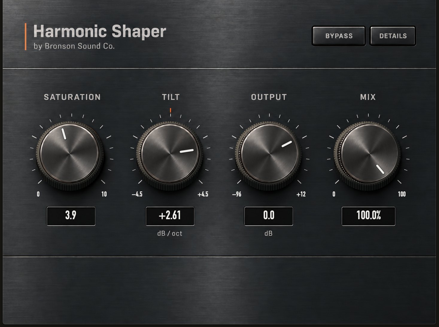 The complete serious interface with a dark brushed-metal panel and four clearly labelled Saturation, Tilt, Output and Mix knobs.